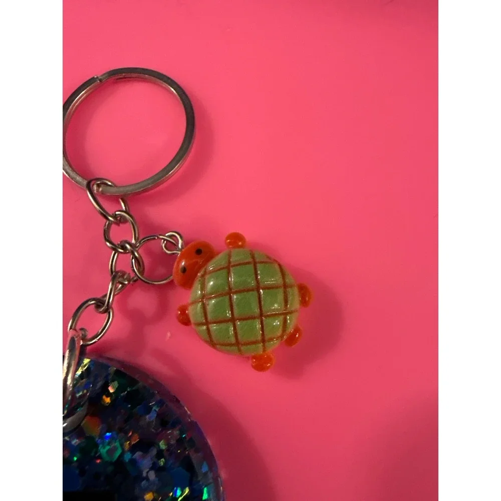 Handmade Initial M Resin Keychain Blue Glitter Holographic with Turtle Charm